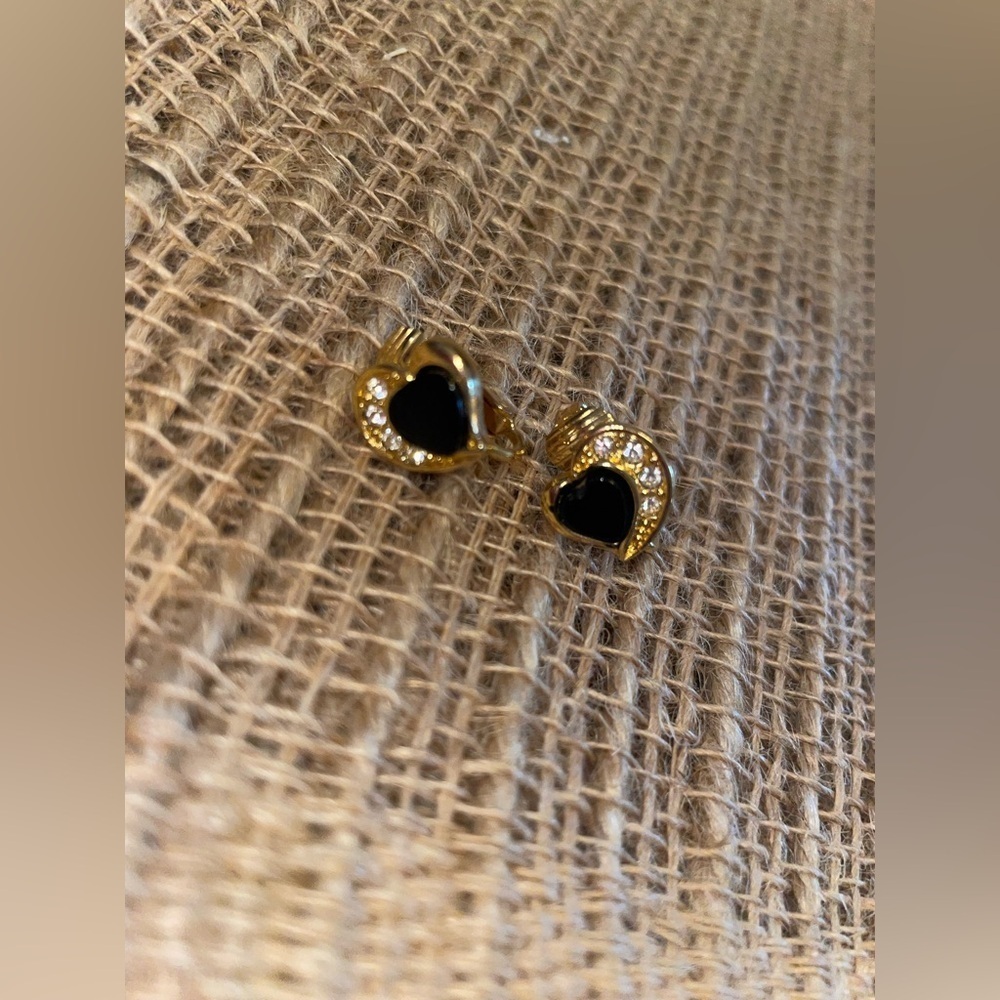 Clip-on heart shaped faux black onyx and cubic zirconia earrings